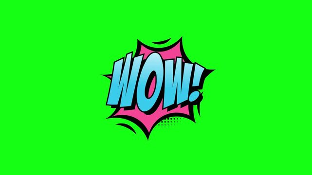 Comic book style Wow text animation isolated on a green screen background