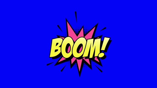 Animated Boom comic book speech bubble on a vibrant blue background
