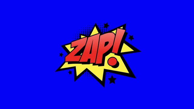 Zap comic book speech bubble animation on a vibrant blue background