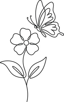 Continuous one line drawing of butterfly and flower