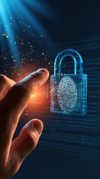 Hand interacts with glowing fingerprint interface next to a blue transparent padlock under dramatic lighting