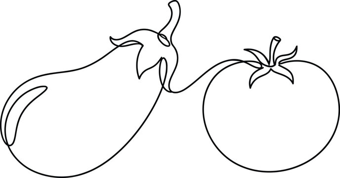 Continuous line drawing of eggplant and tomato vegetable