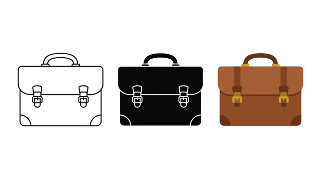 Minimalist briefcase icons showcasing outline silhouette and brown leather vector graphic design elements for modern business identity collections and professional corporate branding projects