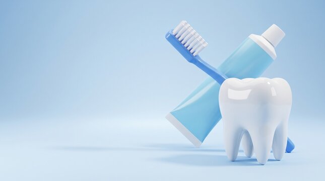 Dental health care concept with toothbrush toothpaste and tooth model on blue background