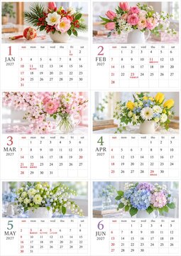 2027年1月から6月の季節の花を飾った上半期カレンダー