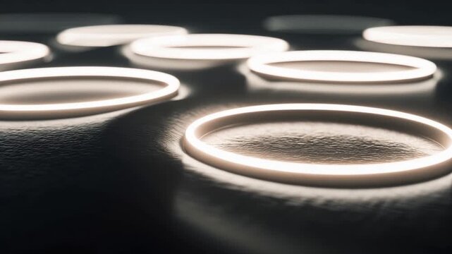 A futuristic, abstract composition of glowing, circular neon lights on a dark, textured surface. ..Created with Generative AI, not depicting real subjects.