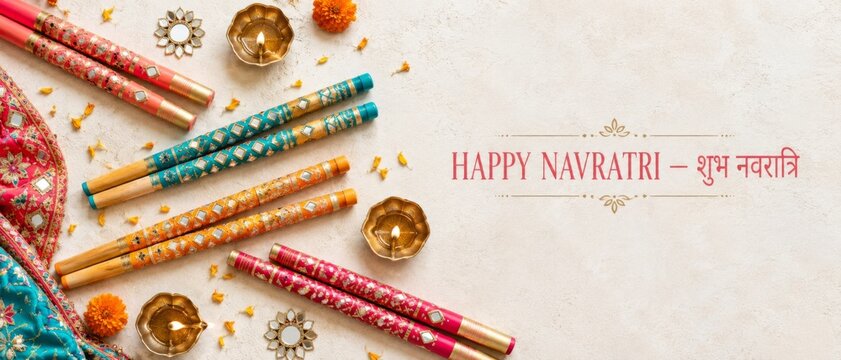 Navratri festival banner with colorful dandiya sticks, oil lamps, marigold flowers, decorative textiles, and Hindi greeting शुभ नवरात्रि meaning Happy Navratri on textured cream background with copy