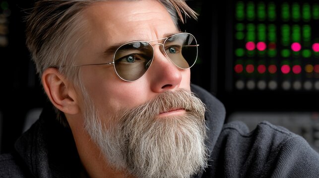 Close-up view of a man with a beard in dark hoodie and aviator sunglasses with colored lighting and digital reflection