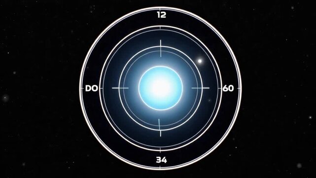 A luminous celestial object, possibly a star or planet, is seen through a futuristic targeting scope against a dark, star-speckled background. Created with Generative AI, not depicting real subjects.