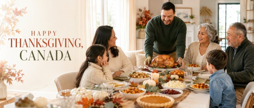 Canadian Thanksgiving family gathering around festive dining table with roast turkey, seasonal dishes, pumpkins and autumn leaves, warm home celebration, greeting text and copy space for holiday