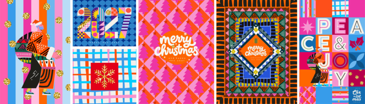 Merry Christmas and Happy New Year 2027. Vector abstract modern illustrations of a seamless pattern, Santa Claus, winter character, Christmas tree, ornament and bold typography for a greeting card, ba