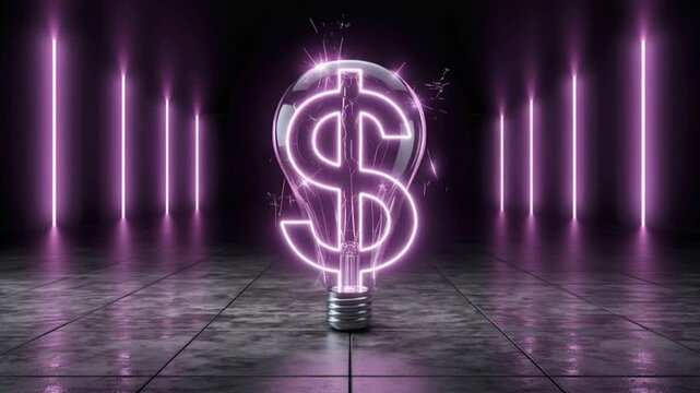A lightbulb shaped like a dollar sign glows with neon purple light, symbolizing a brilliant financial idea or business concept. ..Created with Generative AI, not depicting real subjects.