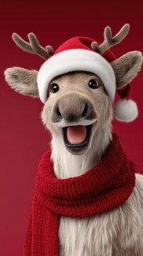 Cheerful animated reindeer character with red santa hat and chunky knit scarf against solid red background