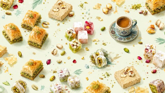 Turkish sweets including baklava, lokum, pistachios, and coffee arranged on pale floral surface, offering rich dessert variety with generous copy space for culinary, hospitality, and food marketing