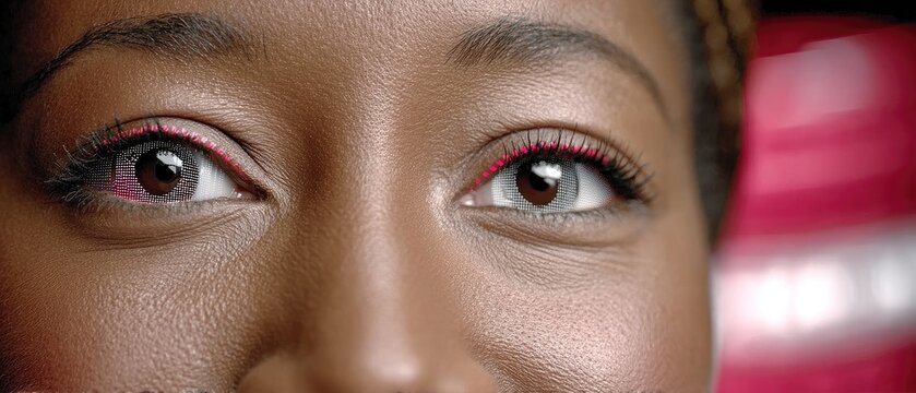 Close up of a face with red holographic overlay framed by a hud element, showcasing eyes directed forward in a dark background