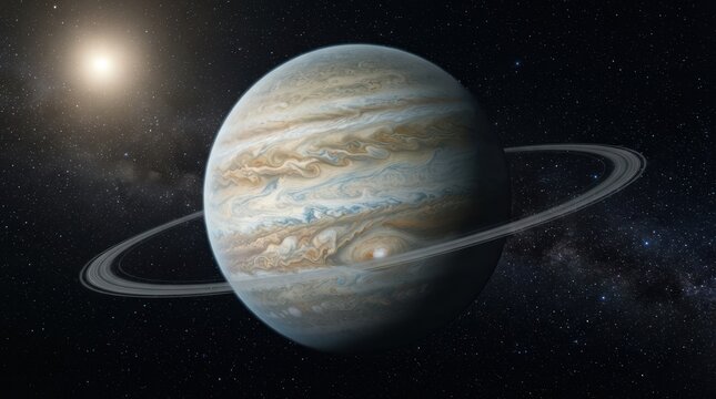 Large gas giant planet with rings floating in deep outer space with a bright distant star and stars in the background