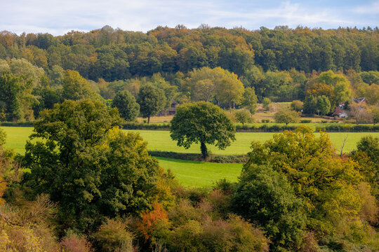 Autumn landscape, Terrain hilly countryside in Zuid-Limburg with a small villages on the hillside, farmland and forest, Epen is a village in southern part of the Dutch province of Limburg, Netherlands