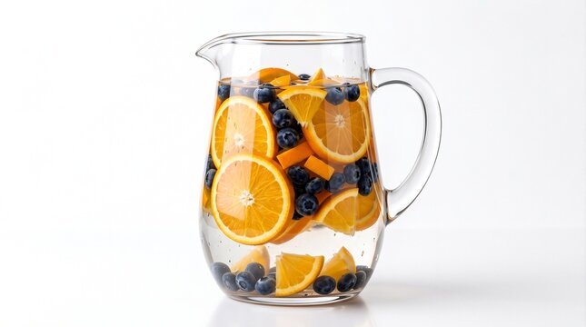 Glass pitcher filled with refreshing infused detox water, orange slices, and fresh blueberries isolated on white background. Healthy summer beverage concept.
