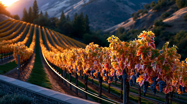 Rows of autumn vineyards with ripe grapes in valley
