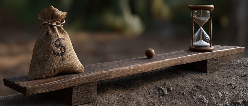 Balance scale with burlap sack and hourglass on wooden tabletop in warm bokeh setting
