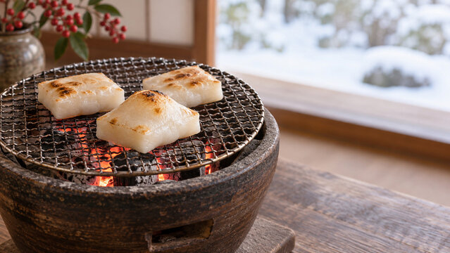 雪景色の窓辺で炭火の火鉢に焼かれる三つの角餅
