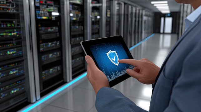 Person in blue suit holds tablet showing security shield in server room with glowing features and server racks