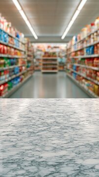 White marble tabletop with dark grey veining in front of a brightly lit supermarket aisle with colorful packaged goods on shelves