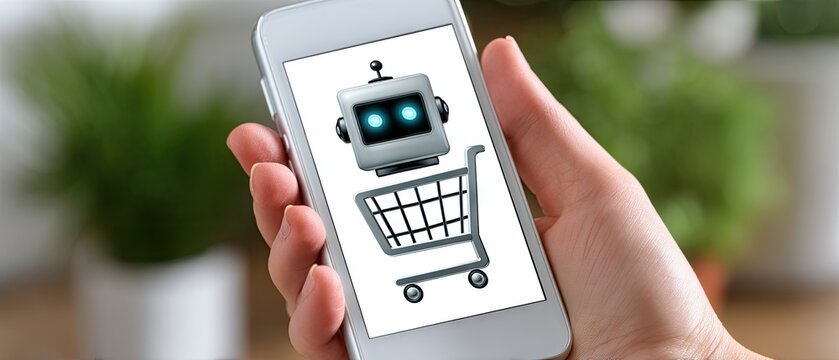 Close up view of a smartphone displaying a shopping robot with glowing eyes in a bright indoor setting