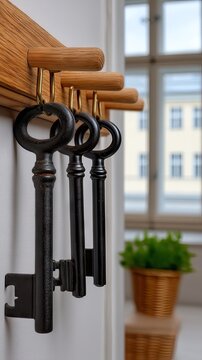 Vintage metal skeleton keys hang on a wooden wall rack with a background view of a white door and natural light from a window