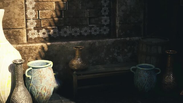 Detail of glazed ceramic pots on sunlit floor, close attention to crackle, speckle and handapplied patterns, tactile surfaces and warm tones create artisanal