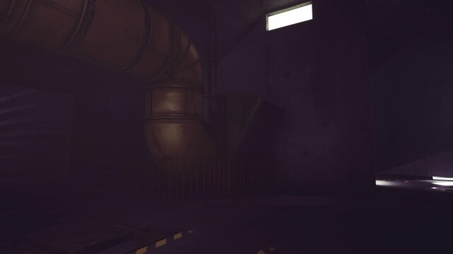 Moody retro futuristic tunnel with haze and subtle neon reflections, yellow overhead duct and textured floor strips, filmic grain and analog scifi ambiance.