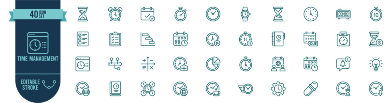 Time management icon set. Clock, hourglass, calendar and deadline line symbols. Stopwatch, alarm, timer, schedule, planner and to-do list outline pictograms with editable stroke for productivity. Vect