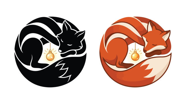 Fox curled around a glowing orb vector illustration in black and orange