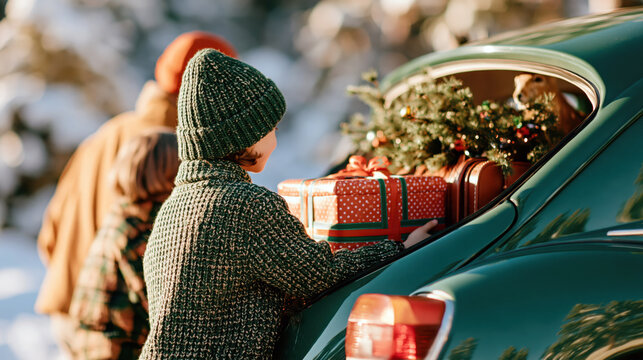 Child loading christmas tree and gifts into vintage car