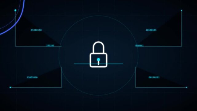 Cyber security lock icon digital interface concept. Features secure padlock symbol on dark background with technical data boxes. Digital protection graphics for network safety and security.