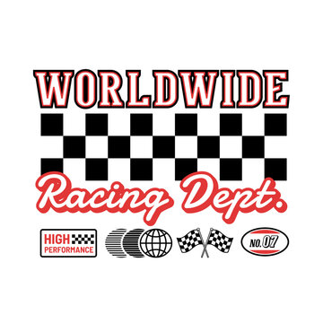 Bold vintage Worldwide Racing Department badge with checkered racing pattern, retro typography, globe and automotive accents, ideal for motorsport apparel, logos, stickers, posters and prints.