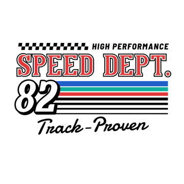 Vintage Speed Dept. racing badge with number 82, checkered details, patriotic racing stripes and track-inspired typography for retro motorsport branding, apparel and prints.