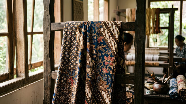 Handweaver adjusting batik fabric on traditional wooden loom in bright workshop