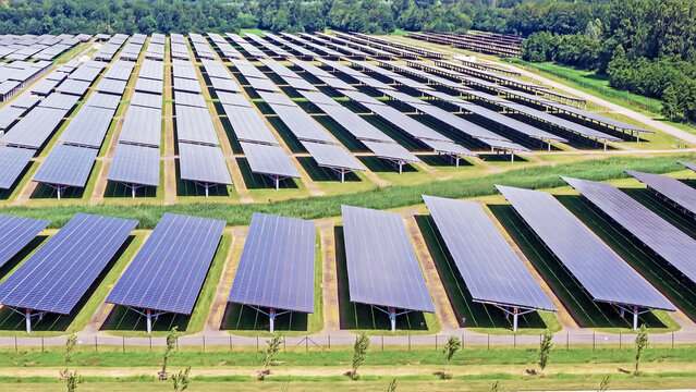 Aerial view of a solar parking area in Biddinghuizen, the Netherlands