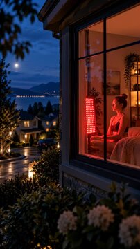 Woman sits beside glowing red LED panel and slowly lowers her face with eyes closed, seen through bedroom window at night with bright moon, dark water, homes, trees, and distant mountains