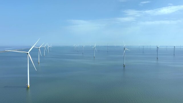 Aerial view of wind turbines on the IJsselmeer in the Netherlands