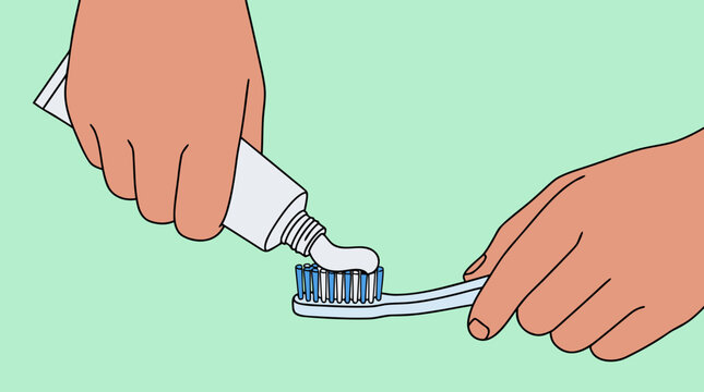Hands toothpaste toothbrush squeezing brushing dental hygiene bathroom vector care Hands squeeze paste onto a blue toothbrush against mint with bold outlines for dental ads and oral hygiene guides