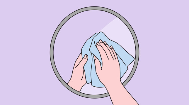 Hands mirror cleaning cloth wiping glass round vector household chores Hands wipe a round mirror with a blue cloth against lavender in an outlined scene for glass cleaning ads and household guides