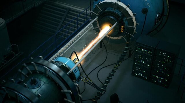 Glowing plasma beam inside reactor, hightech cylinder surrounded by coils and cables, cold blue lighting, metallic walkway and control panel, sense