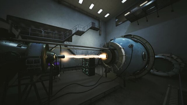 Vacuum propulsion rig running safety test inside sealed facility with long nozzle, sensor array and support trusses, coldblue lighting and textured concrete