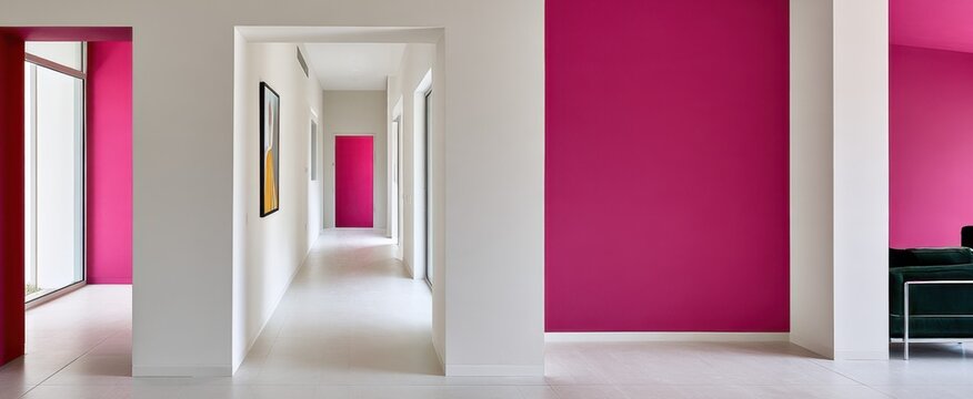 Minimal hallway interior with fuchsia accent panels and long corridor for architecture design real estate and background presentation