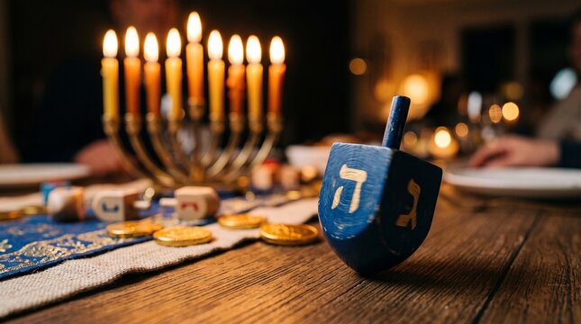 Hanukkiah with lit candles, blue dreidel, and chocolate gelt on wooden table, traditional hanukkah celebration symbols, warm candlelight