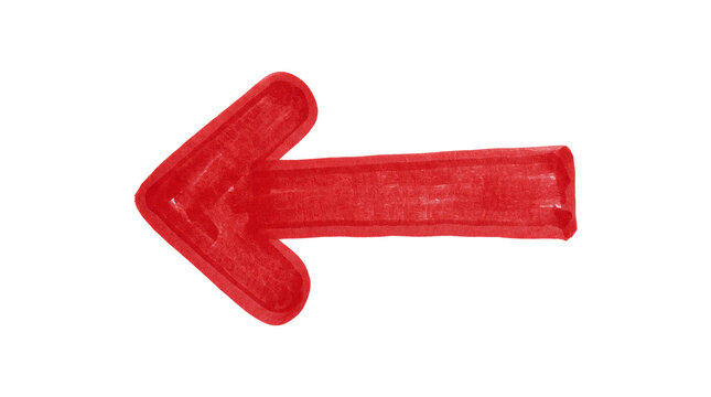 This minimalist graphic features a thick red arrow with a textured paint effect pointing towards the left side of the frame.
