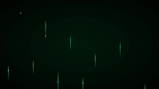 Matrix digital rain code falling background illustration. Glowing green vertical symbols and light streaks on black. Cyberpunk matrix animation effect for technology backdrop.