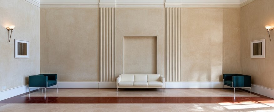 Minimalist beige lobby interior with modern seating and decorative panels for design background and architectural poster